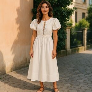 Lovaan Ivory “ Rose” Dress Tie Front Bows Midi Size US6/ Small